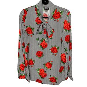 RETROLICIOUS Blouse Long Sleeve Striped Bow Rose Secretary Womens M Black White